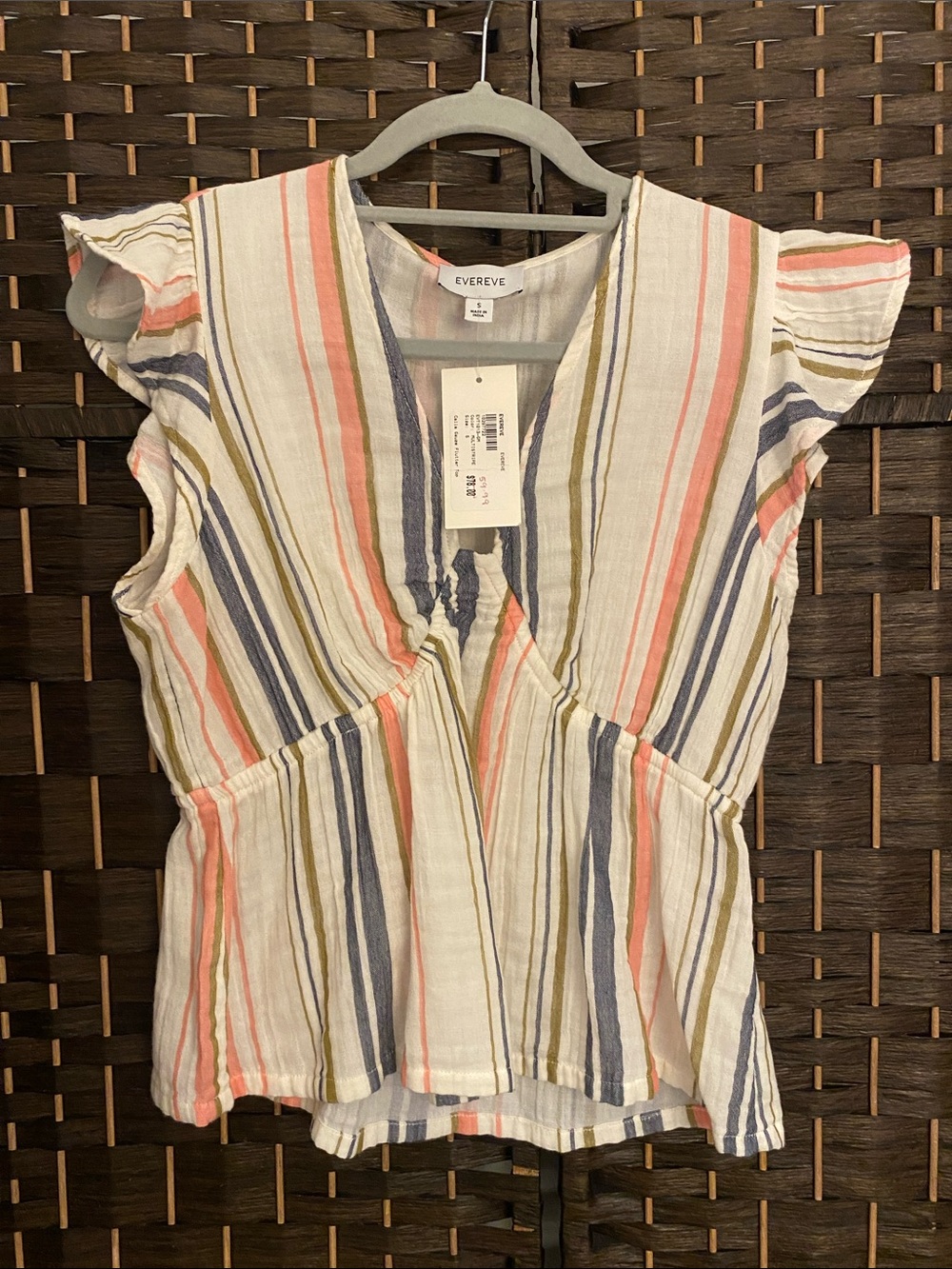 Evereve Calla Striped Gauze Flutter Top - 100% Cotton - Size Small - NWT